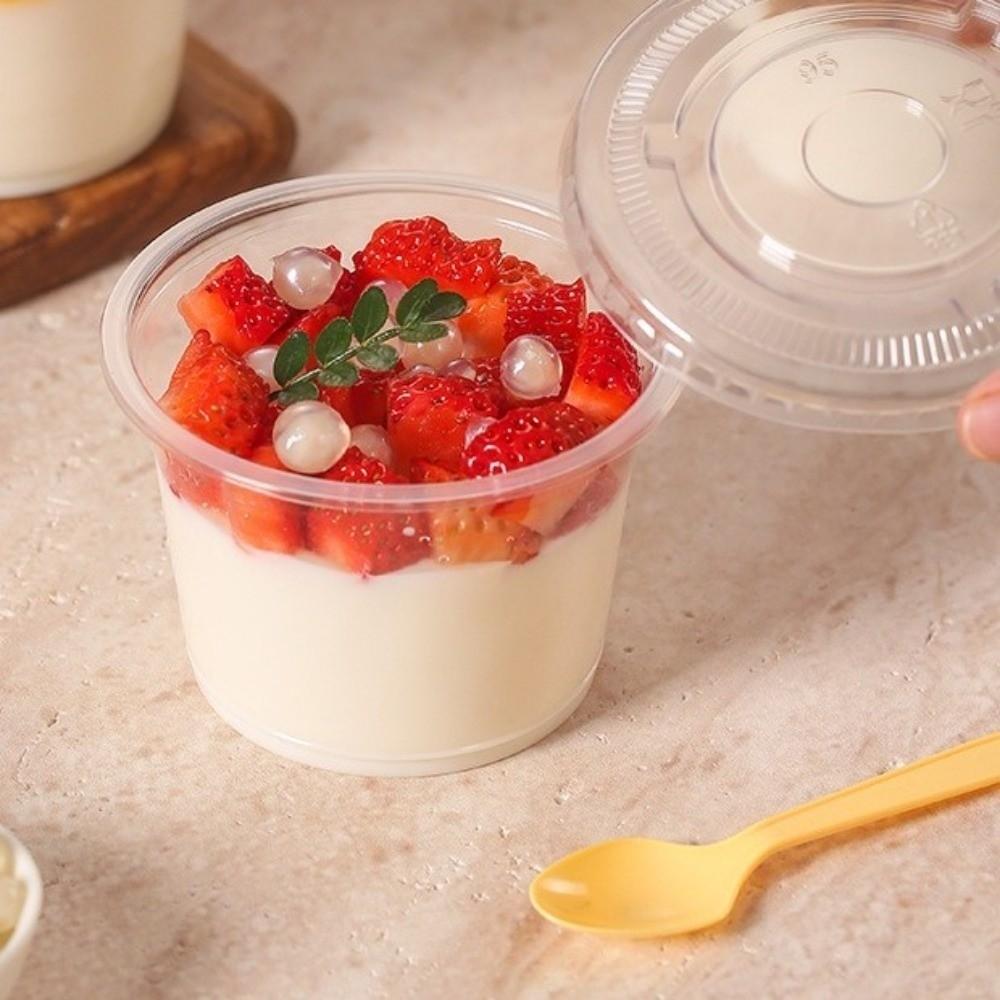 100pcs Leakproof Disposable Cups with Flat Lids Clear Pudding Bowl Ice Cream Container Party Use