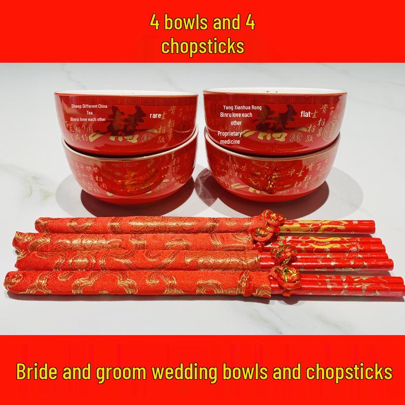 Festive Newlywed Ceramic Bowl & Chopstick Set: Happy Bowls & Red Soup Spoon for Wedding Banquet Tableware