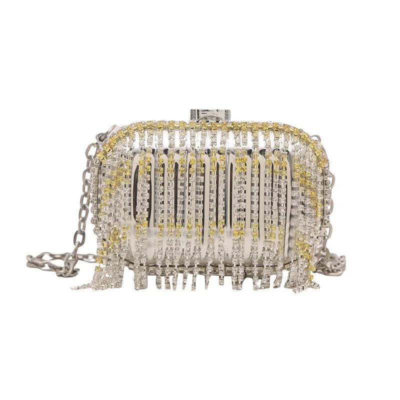 Metal Mini Bag Rhinestone Tassel Shoulder Bags Women's Chain Crossbody Chain Box Bags Gold Evening Bag