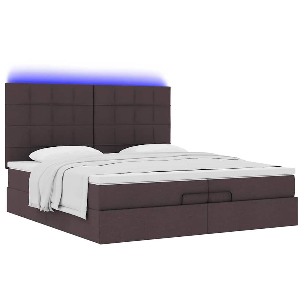 Enjoy restful nights with this Ottoman bed with mattresses and LED lighting in dark brown 200x200 cm fabric