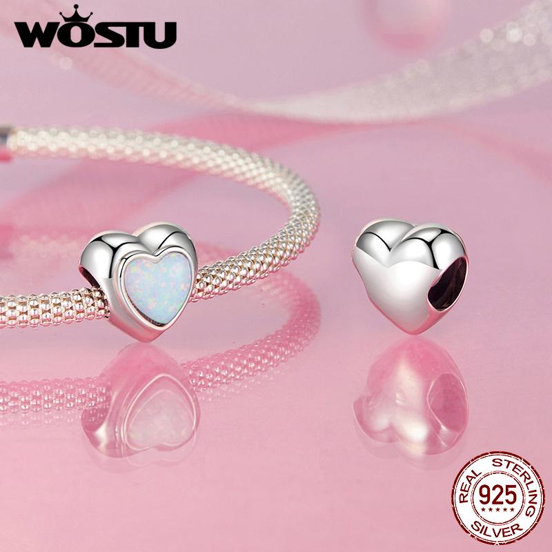 WOSTU 925 Silver Pink Heart Charms Lover Couple Wedding Pendant Opal Beads Fit for Bracelet DIY Valentine Gift