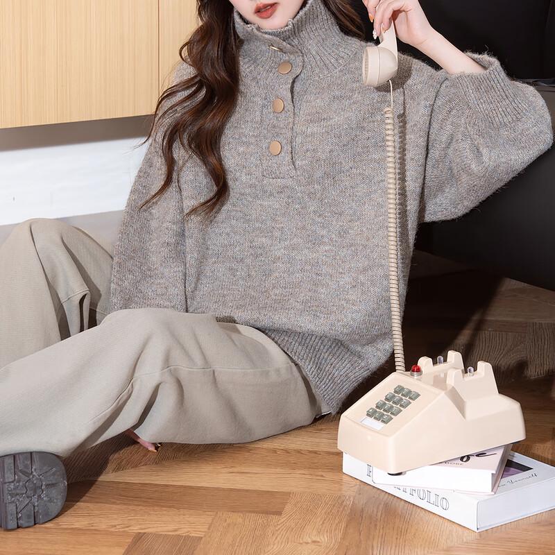 

TonLion Women s Retro Half-Placket Loose Pullover Sweater L