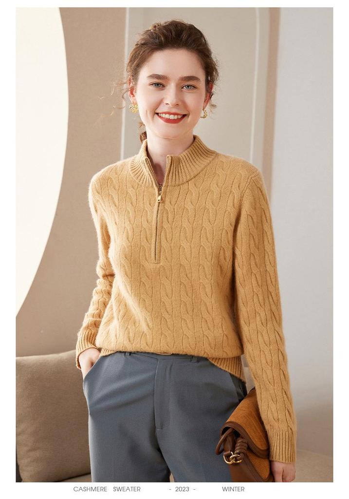 Women's Cable Knit Cashmere Zipper Sweater – Thick High Collar, Warm and Loose for Autumn Winter
