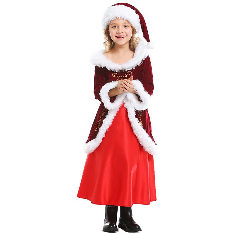 Kids Girls Santa Claus Xmas Red Dress Belt Hat Set Children Christmas New Year Cosplay Costumes Kindergarten Performance Role Play Outfit