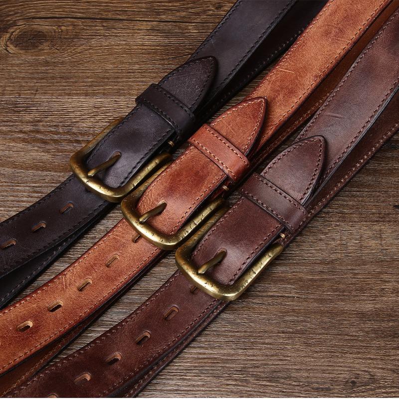 Men's Belt First Layer Cowhide Thickened Copper Buckle Vegetable Tanned Leather Washed Retro Belt