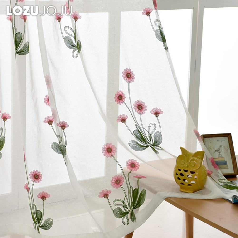 1PC LOZUJOJU 10-20% Blackout Rural Style Cartoon Pink Daisy Embroidered White Sheer Curtain for  Living Room Bedroom Window Decoration Home Decor