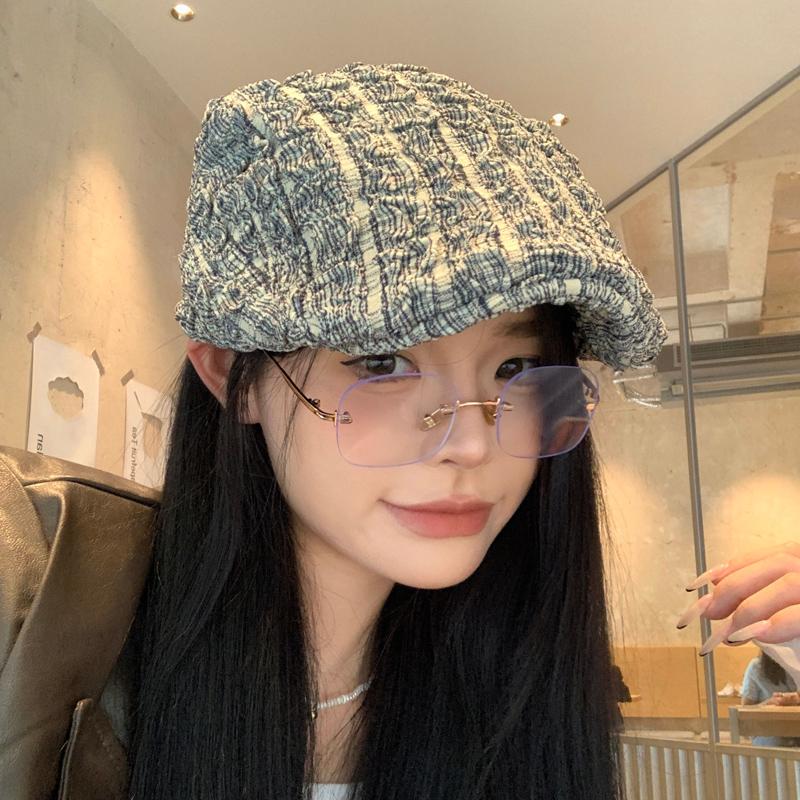 Retro pleated forward hat women's spring and autumn cap showing face small versatile fashion beret painter hat
