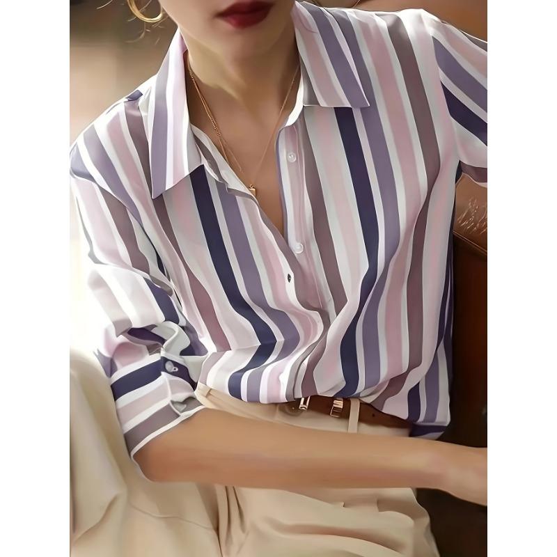 Spring New Women's Niche Retro Lapel Long-sleeved Contrasting Color Temperament Striped Shirt