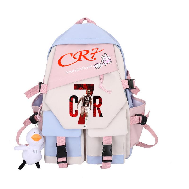 Animation CR7 Print Color Blocking Backpack Simple Niche School Bag for Male and Female Students Long Distance Travel Bag