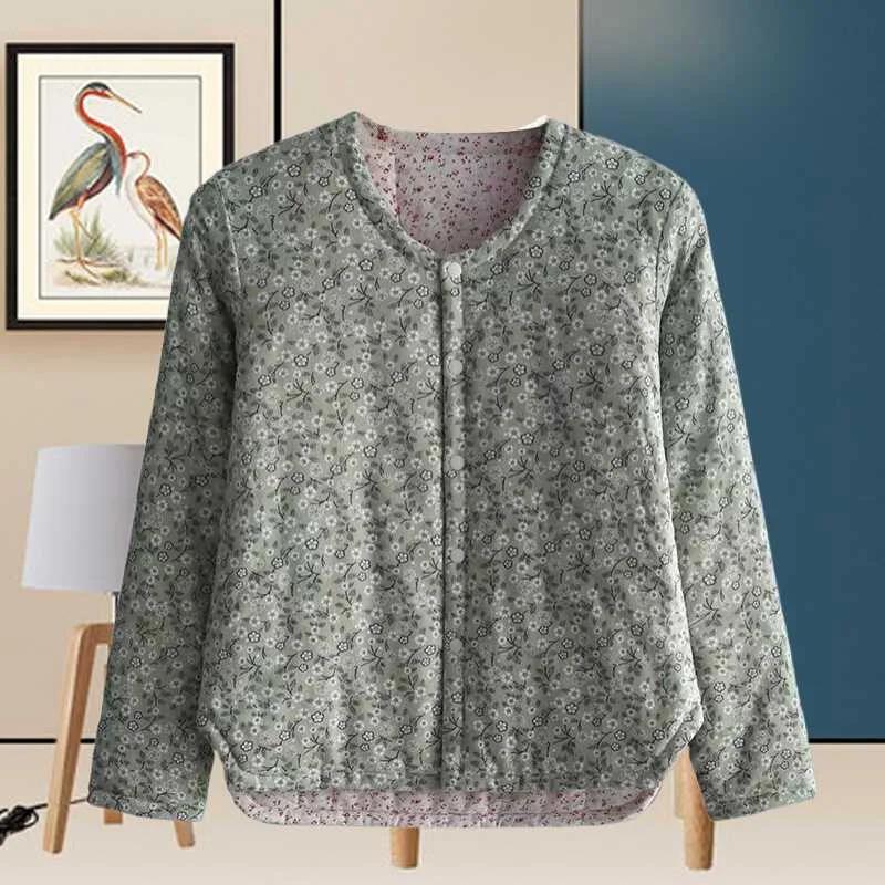 Autumn Winter Single-piece Long-sleeved Home Clothing Middle-aged and Elderly Women's Cardigan Thermal Underwear Fleece Tops