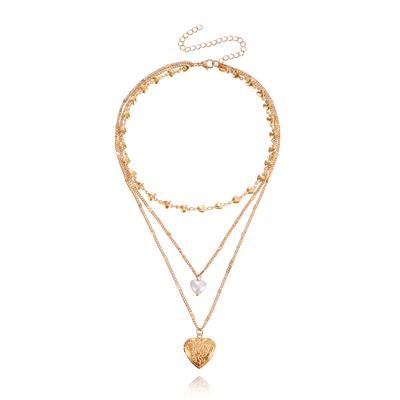 Chaîne de Mode Élégante Multi-couches Chaîne de Clavicule pour Femme 1 Pièce Avec un Couvercle Ouvrable Pendentif en Forme de Cœur Simple Mode