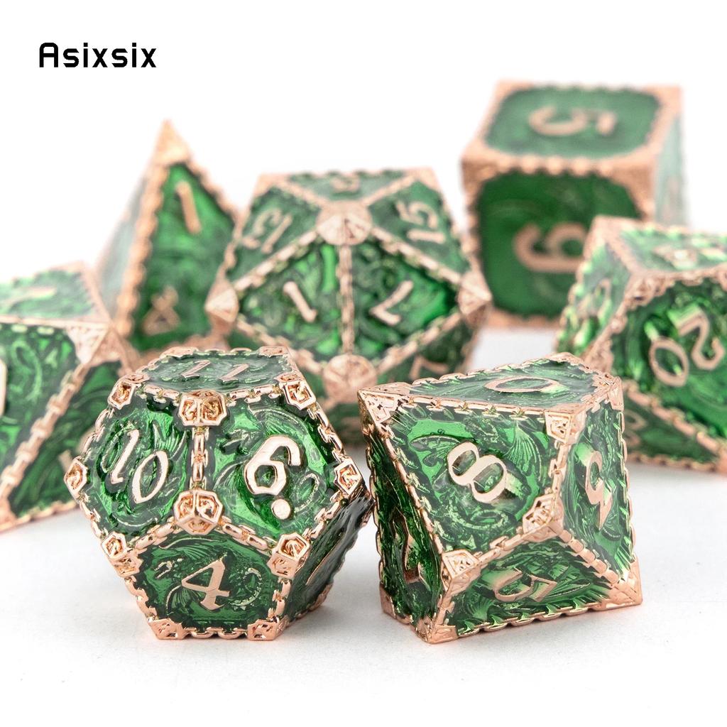 7 Pcs Green Golden Dragon Metal Dice Solid Metal Polyhedral Dice Set Suitable For Role-Playing Dice PropBoard Game Gift