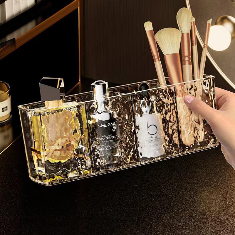 Lux Water Ripple Cosmetic Organizer with Mirror: Rectangular Divided Box for Lipstick & Eyebrow Pencil Storage.