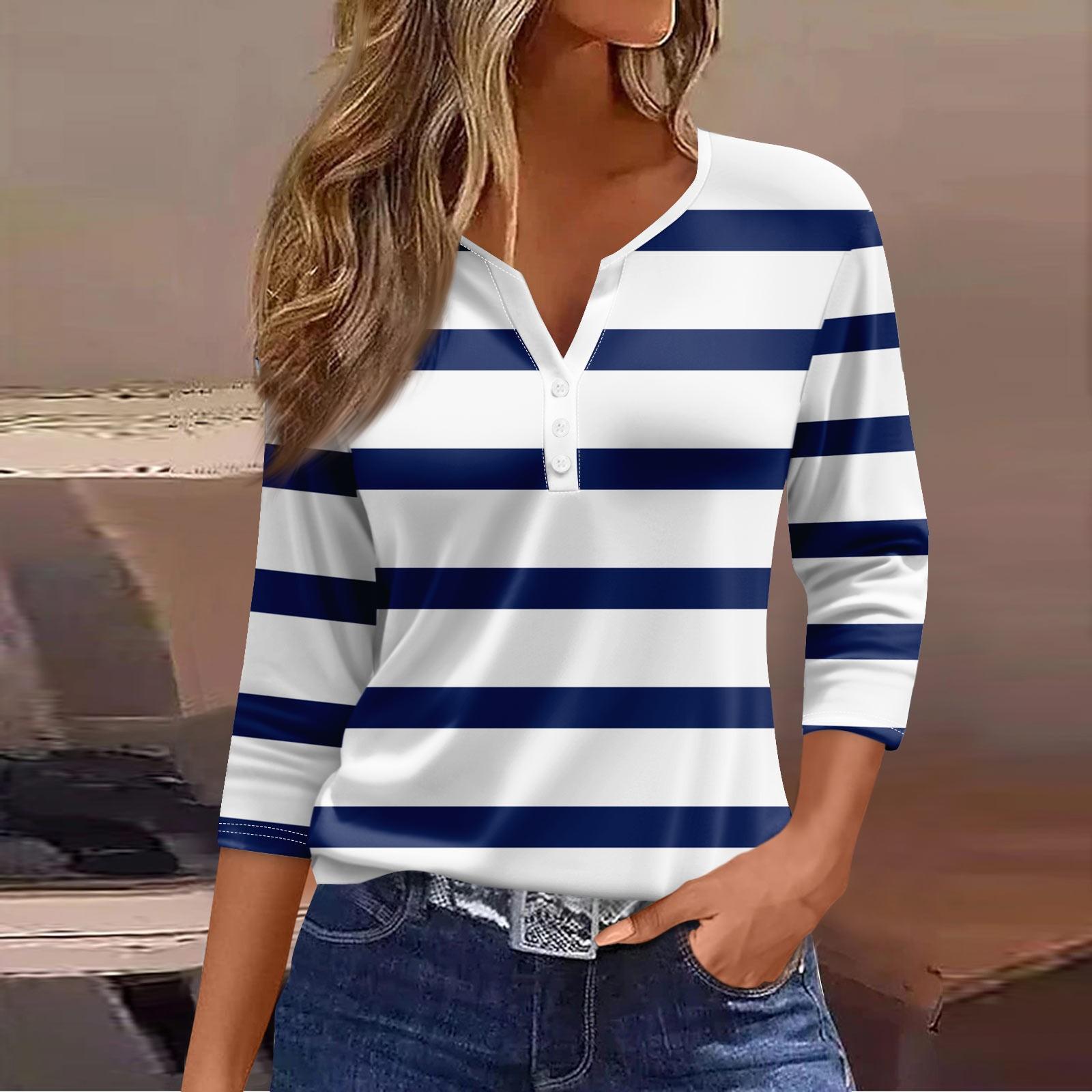 

Жен. Футболка Футболка С принтом Пуговицы Рукав 3/4 Повседневные Выходные Мода Классический V-образный вырез Обычный Топ L синий