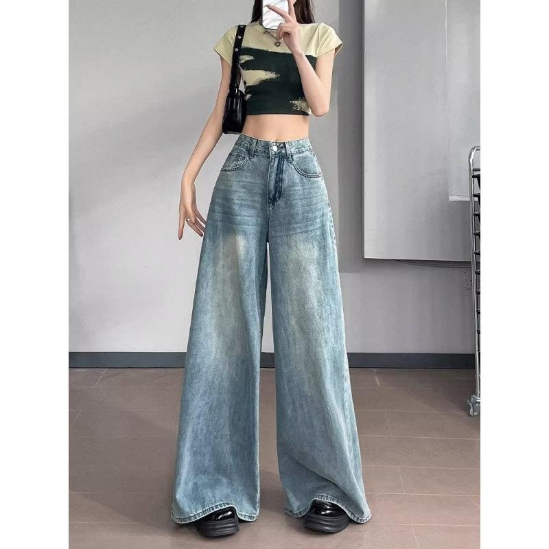 Light Blue Wide-leg Jeans Women's Summer Thin Large Size Loose Straight High Waist Drape and Thin Floor Pants