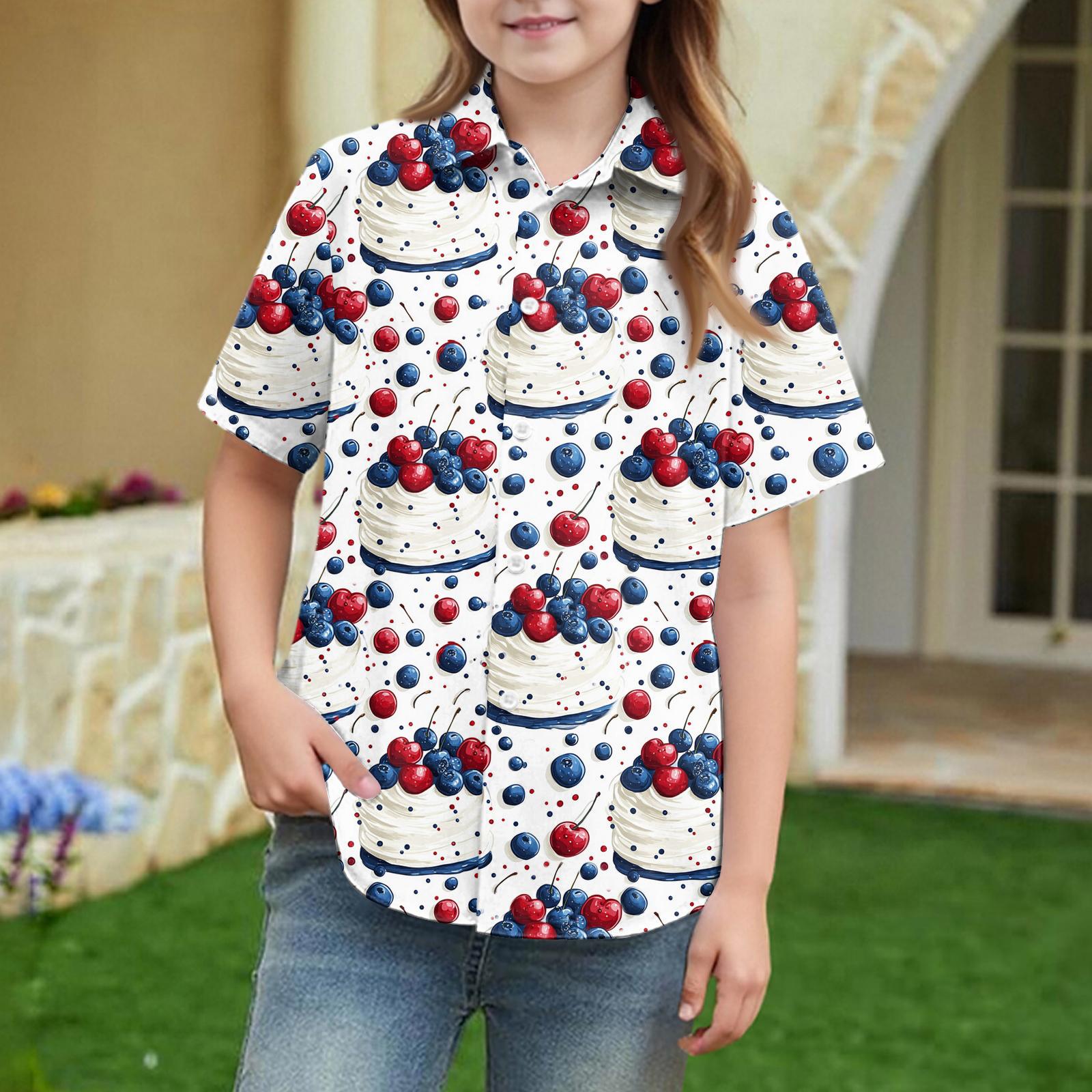 

Short Sleeve Button Down Shirt for Kids Gradient Printed Pattern Collar Lightweight Casual Top 160 білий