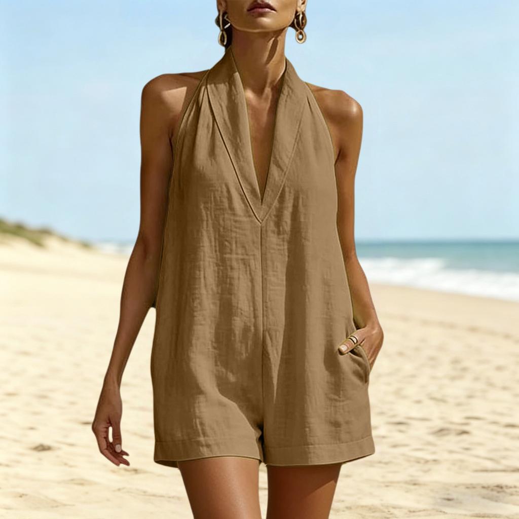 Women’s Sleeveless Neck V Neck Loose Fit Jumpsuit with Pockets Casual Solid Romper for Summer