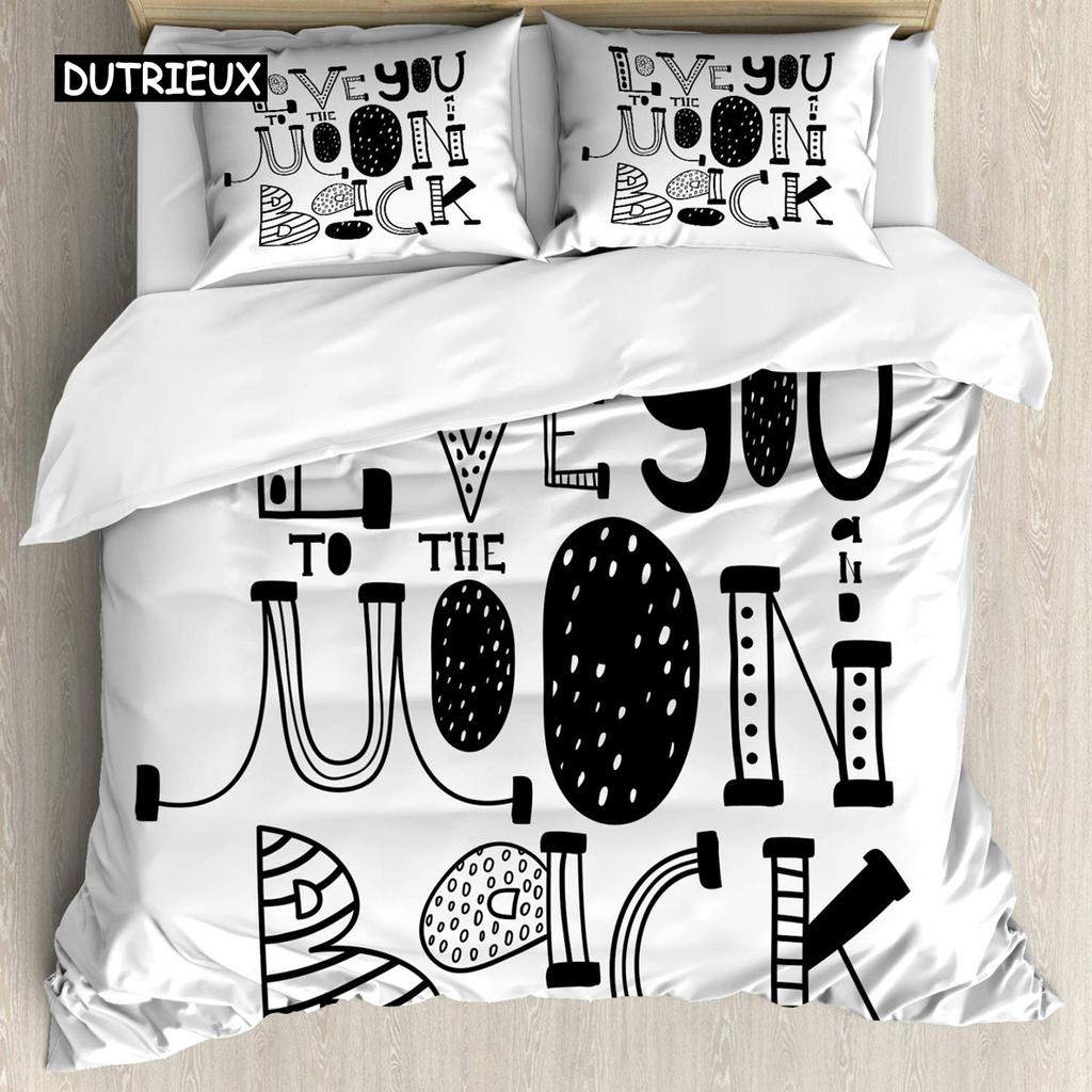 I Love You Duvet Cover Hand Drawn I Love You To The Moon and Back Words with Stars Celebration King Size Polyester Bedding Set