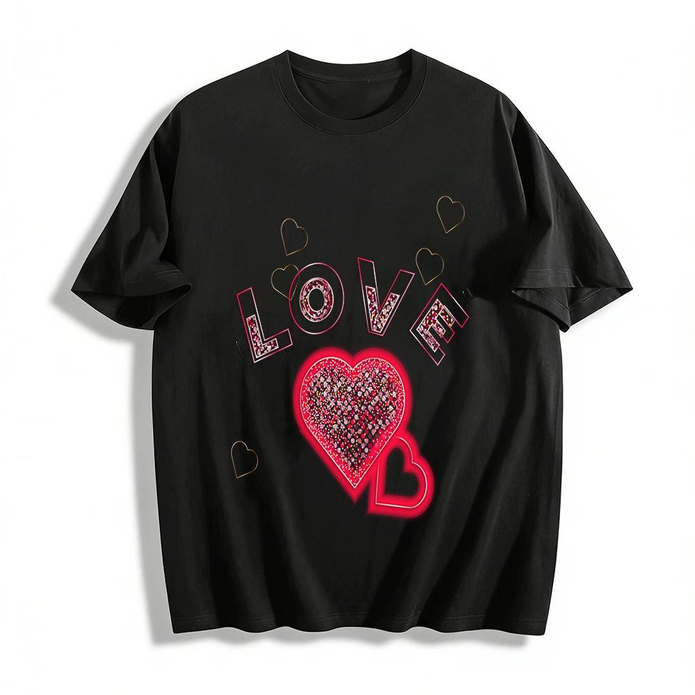 Love Heart Print Casual Top Romantic Festival Vibe Versatile T-Shirt Pure cotton T-shirt XXS