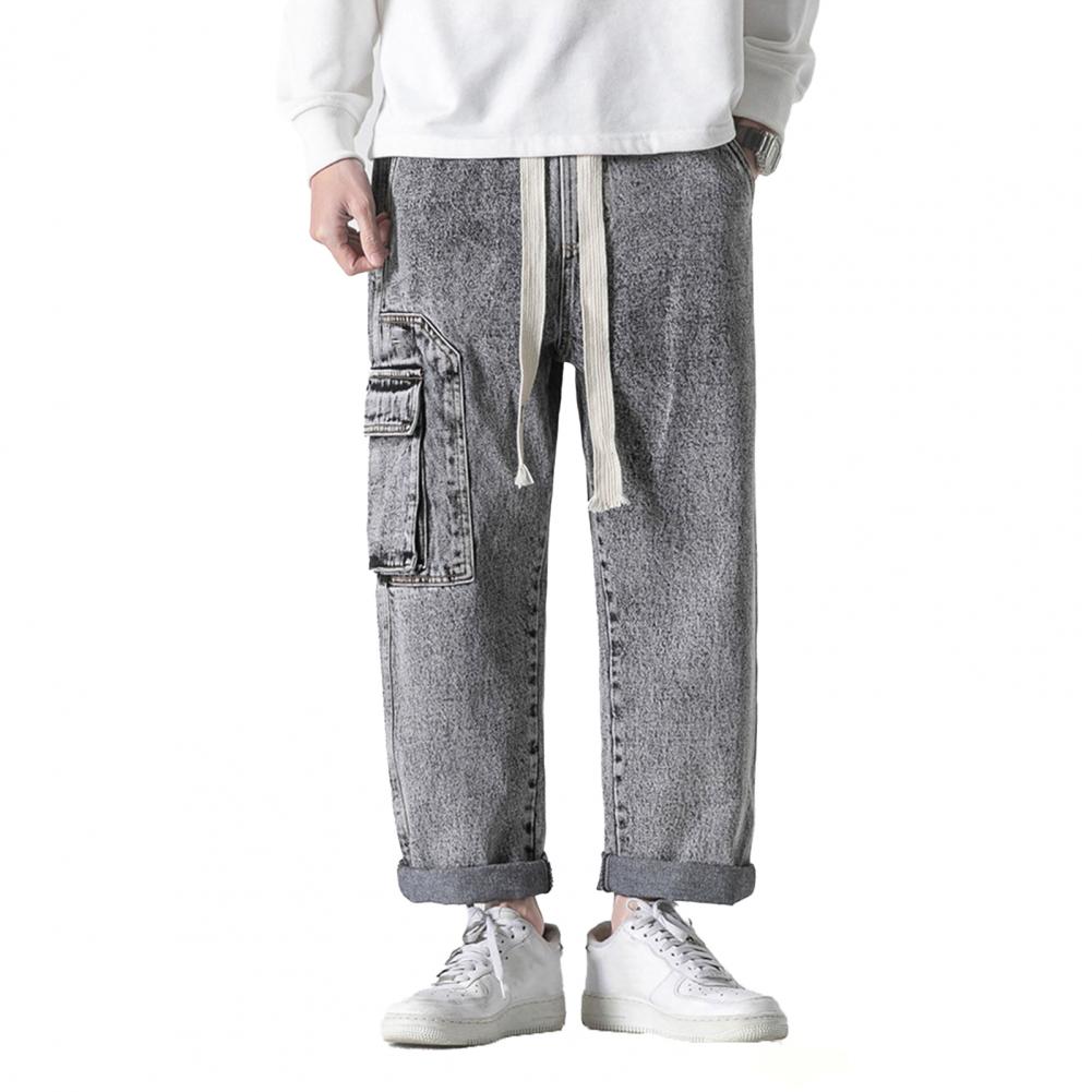Men Summer Casual Jeans Elastic Drawstring Waist Straight Wide Leg Denim Pants Multi Pockets Design Long Trousers Streetwear