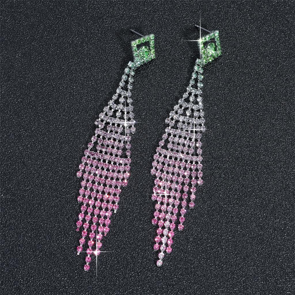 Fashion Gradual Change of Color Super Flash Full Diamond Long Fringed Earrings