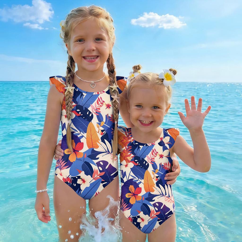 Girls One Piece Swimsuit Hawaiian Print Kids Swimwear Toddler Child Beachwear Sleeveless Ruffle Shoulder Bathing Suit for Summer Pool