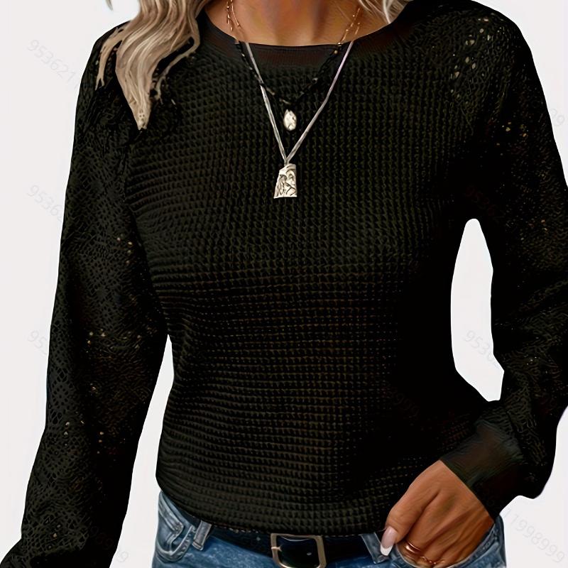 Solid Lace Long Sleeve Mesh Round Neck Casual Women Tee Top