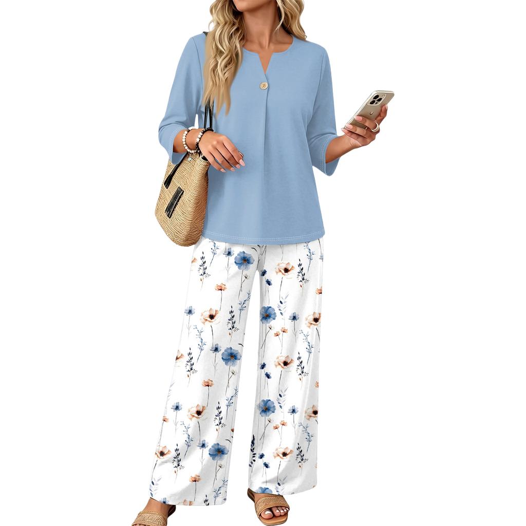 Women’s Casual Printed Button Top and Wide Leg Pants Two Piece Set with Three Quarter Sleeves Relaxed Fit Outfit for Daily Wear
