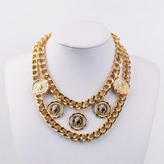 Retro Geometric Chunky Chain Multi-layer Portrait Pendant Tassel Necklace