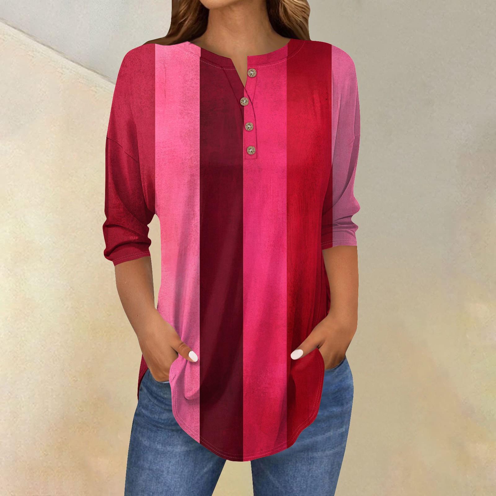 

Women s Fashion Casual Three-quarter Sleeve Striped Printed Round Neck T-shirt Top M винний