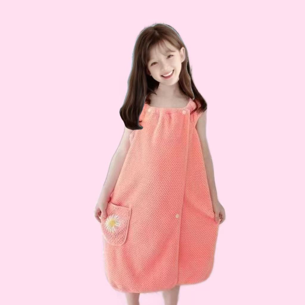 Polog Children's Quick-Dry Embroidered Bath Skirt Towel - Snap Button, Anti-Exposure, Non-Shedding, Non-Fading Coral Fleece.