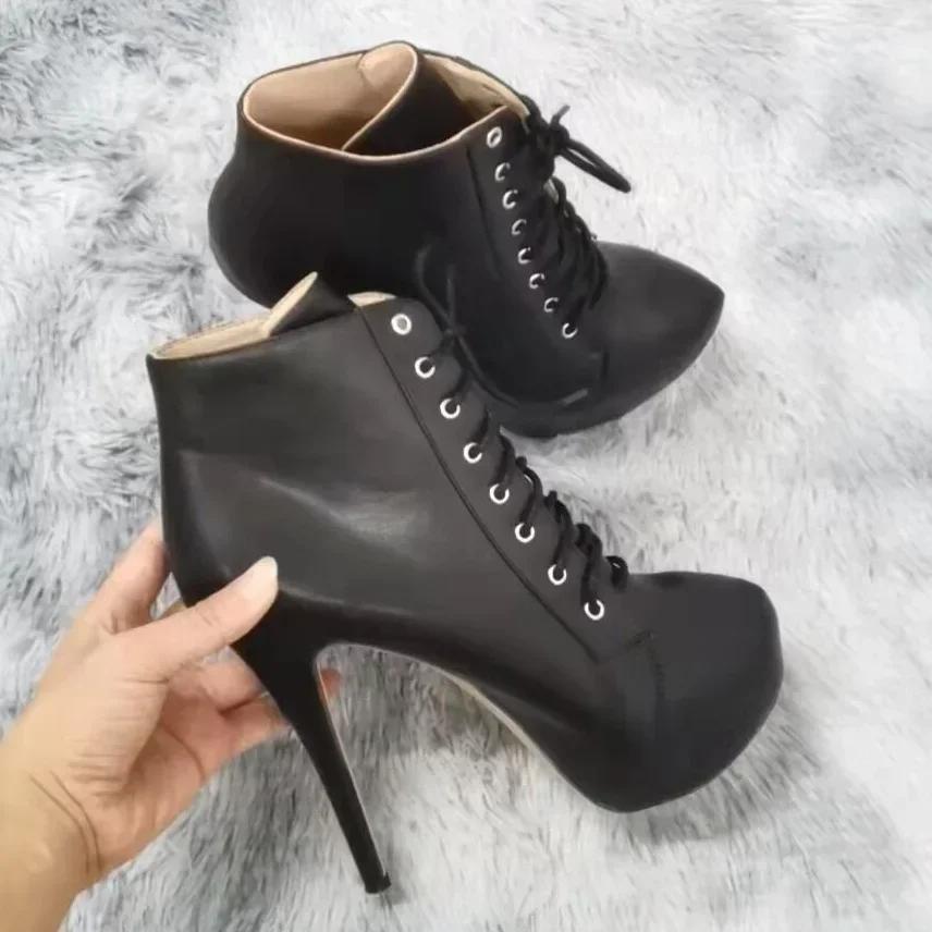 Autumn Winter Platform Ankle Boots For Women Sexy Round Toe Pumps Lace-Up Runway Female Shoes Buckle Strap Pole Dance High Heels