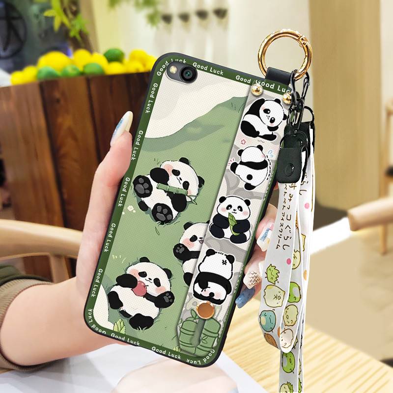 Durable Panda Phone Case For Xiaomi Redmi GO Anti-dust Cute Anti-knock Protective Lanyard Wristband Cartoon Phone Holder