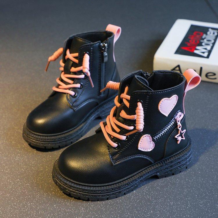 Pink/black Girls Leather Boots with Low Cut Anti Slip Side Zipper Winter Outdoor Girls Fashion Cotton BootsBotas zapatos de niña