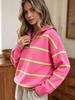 2026 Fall/Winter Women's Striped Zipper Sweater - Loose European and American Fashion Knit Pullover