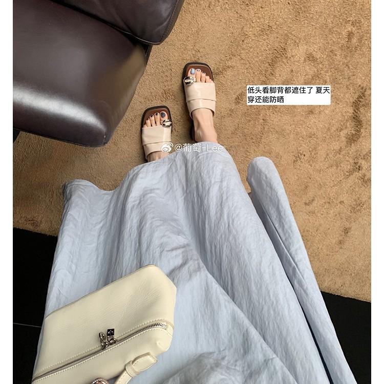 ~ Height increased by 4cm~ Metal buckle fold width one-word set toe slope heel sandals female summer