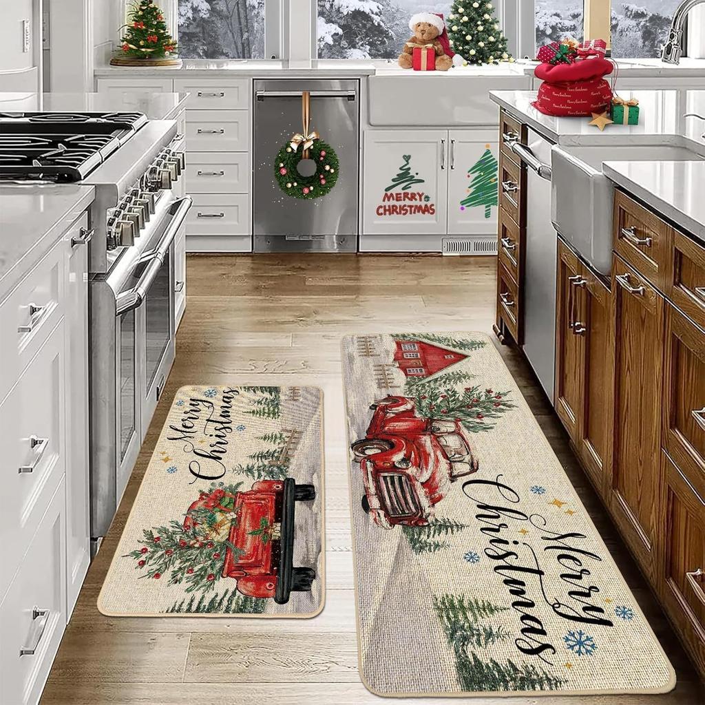 2pcs Christmas Atmosphere Floor Mat Non-slip Stain-resistant Bathroom Mat Kitchen Rug for Holiday Home Decoration