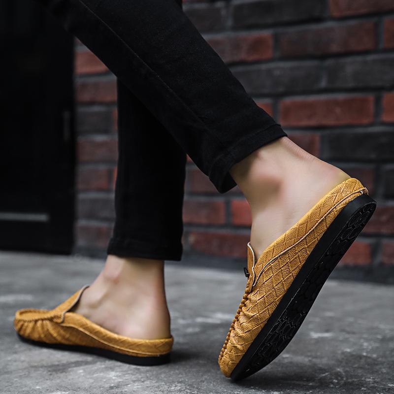 Half Shoes for Men Loafers Slippers PU Leather Man Slides Breathable Mules Closed Toe Sandals Outdoor Lightweight Slip On Flats