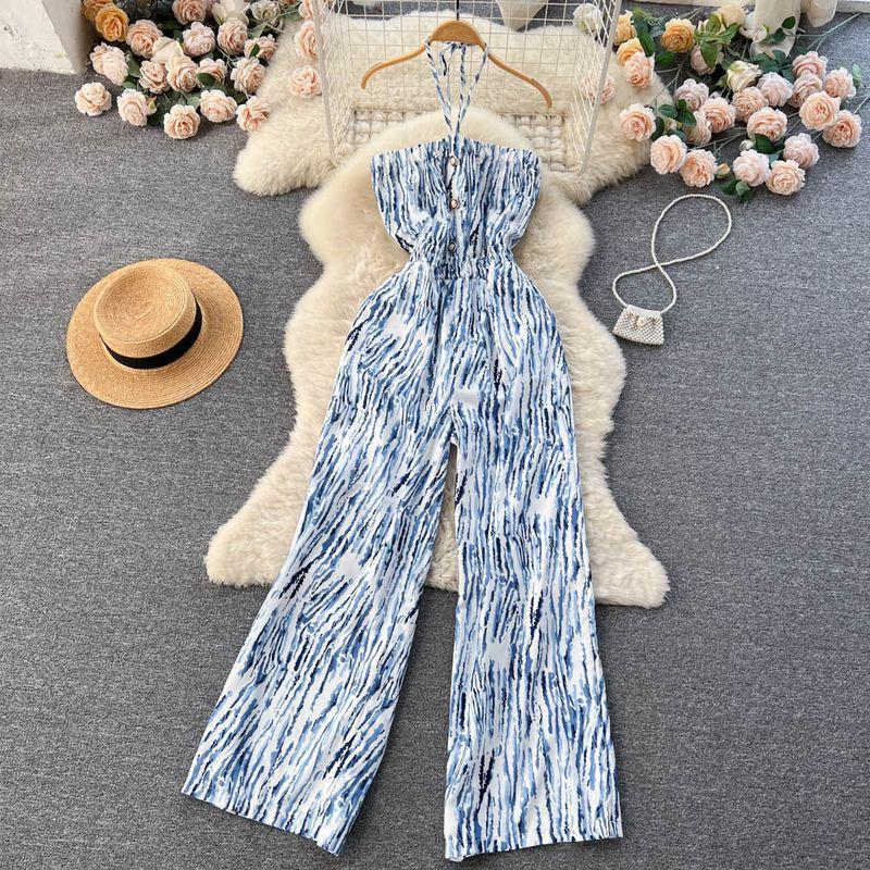 Spring and Summer New Holiday Travel Hot Street Tie-Dye Sling Fashion Chiffon Drape Halter Wide Leg One-Piece Long Pants
