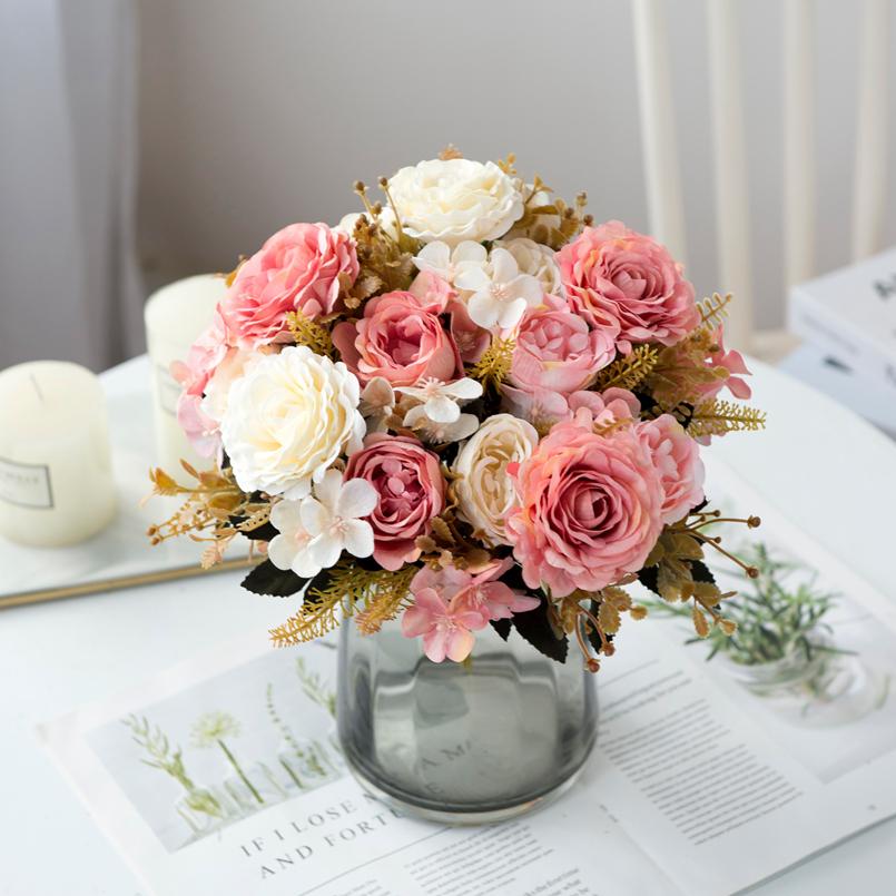 Artificial Flowers Silk Roses Bride Bouquet Home Decor Autumn Wedding Accessories Clearance Garden Fake Peony Hydrangea Art Wall