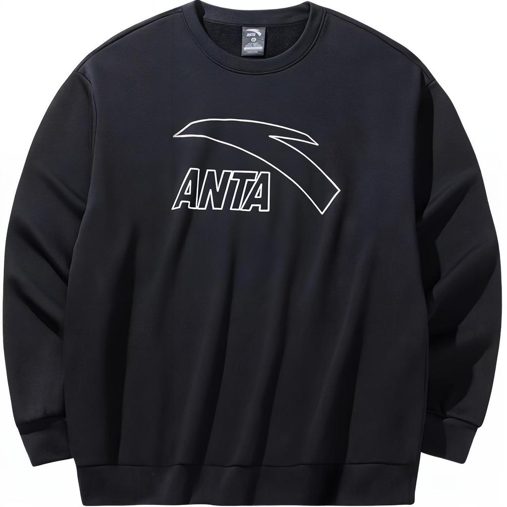 Anta Comfortable Casual Loose Round Neck Pullover Breathable Sweatshirt Men Sweatshirt Basic-Black 952448709-4