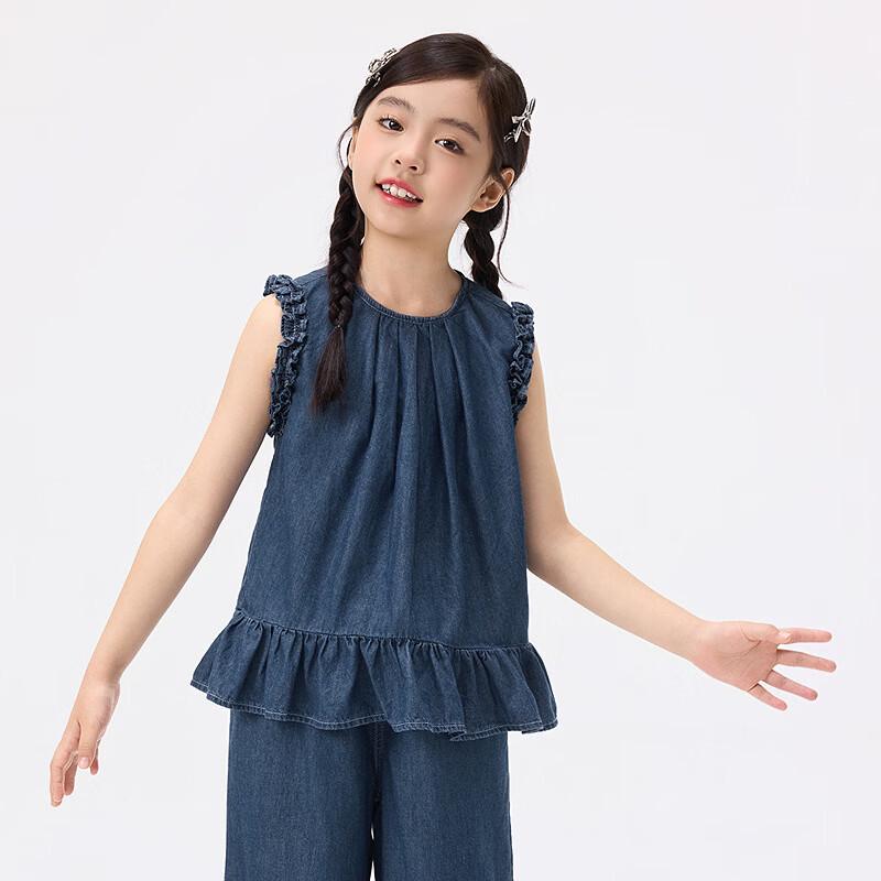 Girls' Ruffle Edge Soft Denim Sleeveless Two-Piece Set