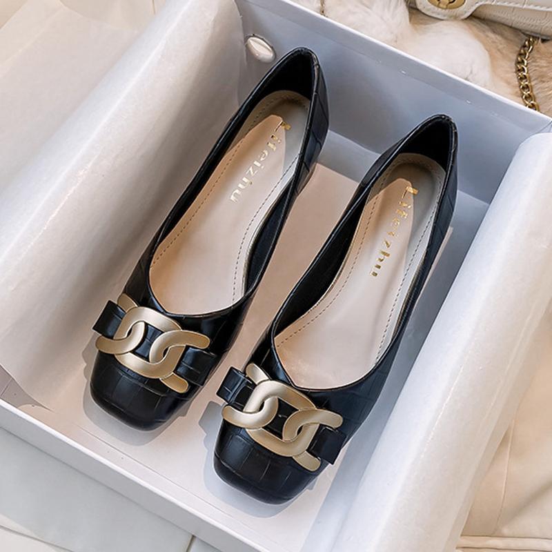 Fashion Chunky Med-High Heels Shoes Woman Luxury Metal Chain Pumps Alligator Mary Janes Ladies Dress Square Toe Tacones Mujer Escarpins