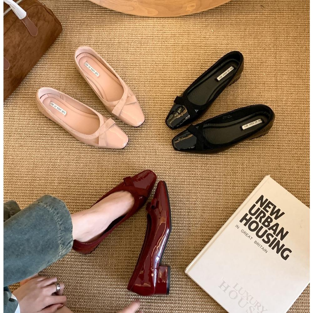 Women's Single Shoes with Heel New Fashion Solid Color PU Surface Flat Heel Women's Shoes Square Head with Heel Single Shoes