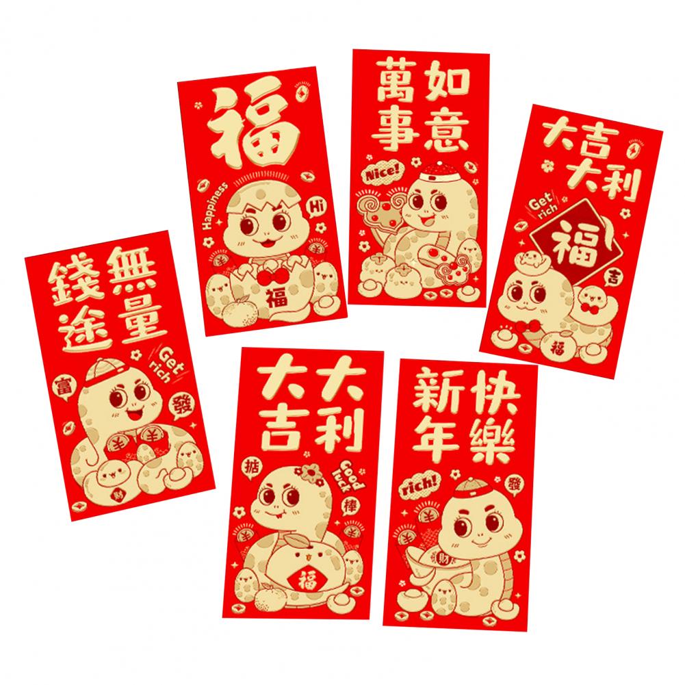 6 Pcs Red Envelopes 2025 Chinese New Year Red Packets Snake Theme Lucky Money Packets Spring Festival Celebration Party Supplies