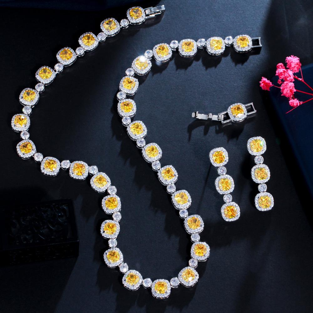 Topaz Bridal Necklace Earrings Set Wedding Dress Accessories Dinner Party Zircon Jewelry