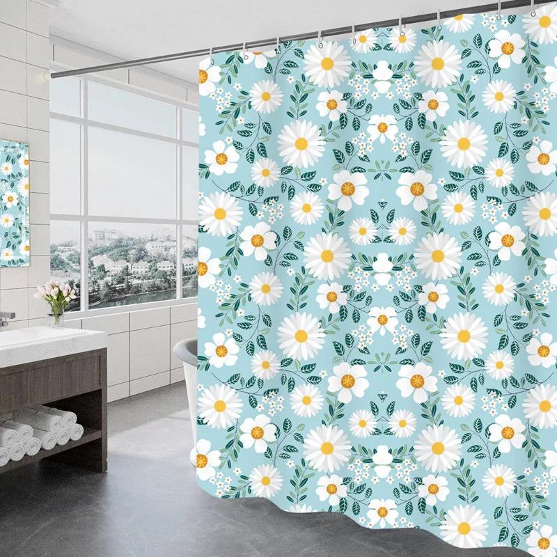 Rose Flowers Shower Curtains Daisy Print Polyester Bath Curtain Modern Waterproof Bathroom Decorative with Plastic Hooks