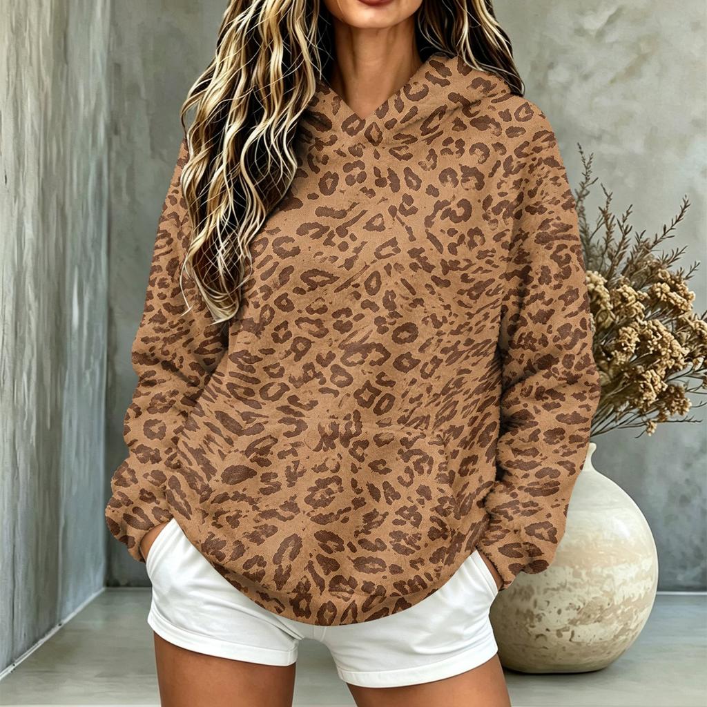 Top a manica lunga in flanella con cappuccio e tasche, stampato, casual da donna per autunno e inverno