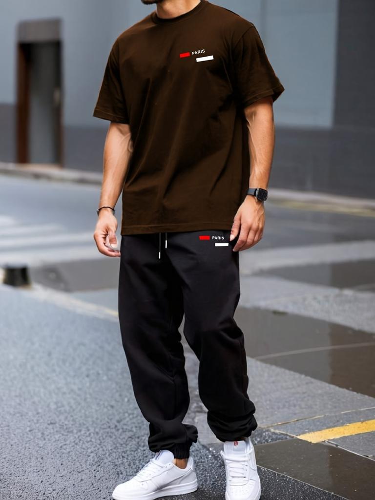 Hot selling summer fashion men's striped letter print micro elastic breathable round neck T-shirt pants set outdoor casual sport