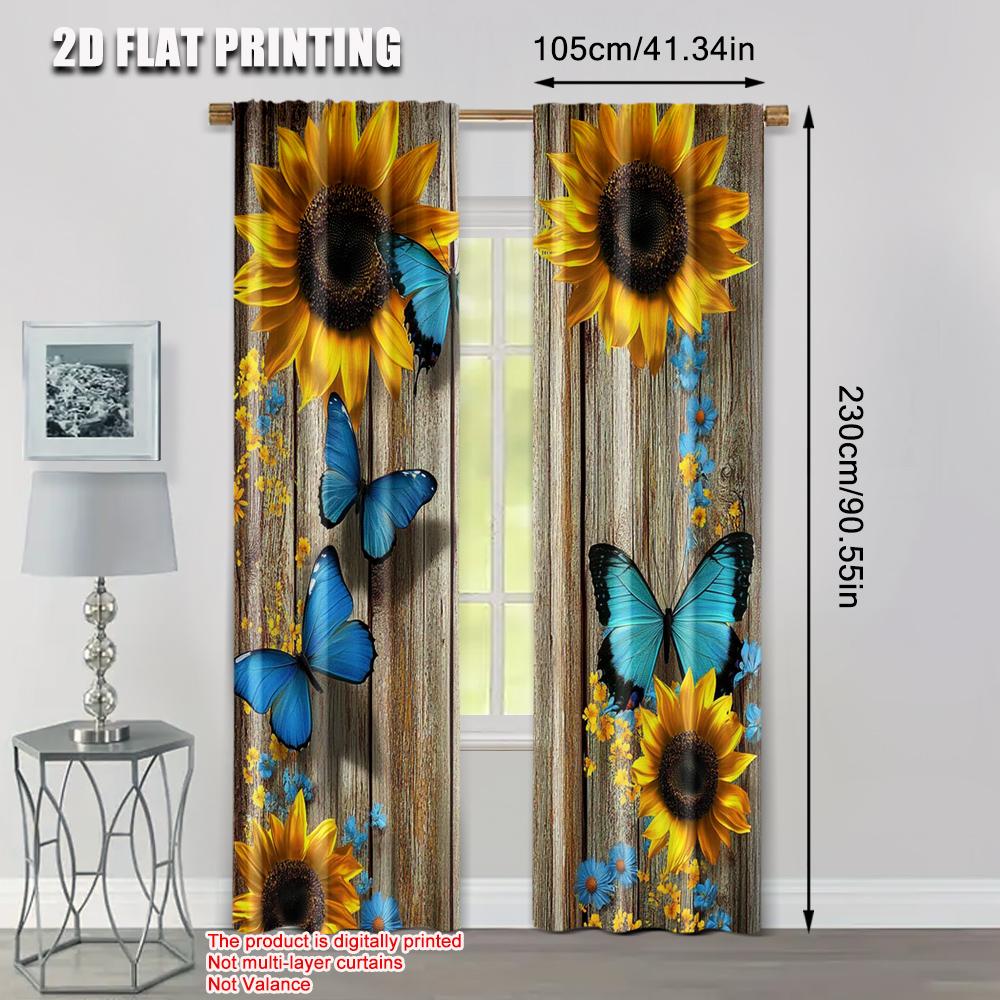 Flat Printing Scene Curtains Butterflies Sunflowers Wooden Wall Durable Polyester Fabric Without Electricity Set Of 2 Made